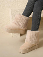 1 paire Bottes de neige en fourrure pour femmes de couleur unie, à mi-mollet, avec semelles épaisses en PVC, bordure en fourrure en haut, confortables et chaudes, automne et hiver - Vignette | URBAÏA