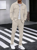 2 pièces Ensemble chemise polo à manches longues de couleur unie avec poche et pantalon pour hommes, tenue de loisirs légère pour les vacances, printemps/automne - Vignette | URBAÏA