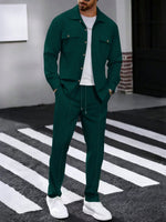 2 pièces Ensemble chemise polo à manches longues de couleur unie avec poche et pantalon pour hommes, tenue de loisirs légère pour les vacances, printemps/automne - Vignette | URBAÏA