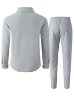 2 pièces Ensemble chemise polo à manches longues de couleur unie avec poche et pantalon pour hommes, tenue de loisirs légère pour les vacances, printemps/automne - Vignette | URBAÏA