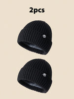 1 pièce Bonnet tricoté unicolore avec emblème NY, bonnet d'hiver doublé thermique pour hommes et femmes, tenue d'hiver, d'Halloween, d'automne - Vignette | URBAÏA