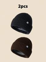 1 pièce Bonnet tricoté unicolore avec emblème NY, bonnet d'hiver doublé thermique pour hommes et femmes, tenue d'hiver, d'Halloween, d'automne - Vignette | URBAÏA