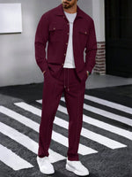 2 pièces Ensemble chemise polo à manches longues de couleur unie avec poche et pantalon pour hommes, tenue de loisirs légère pour les vacances, printemps/automne - Vignette | URBAÏA