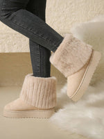 1 paire Bottes de neige en fourrure pour femmes de couleur unie, à mi-mollet, avec semelles épaisses en PVC, bordure en fourrure en haut, confortables et chaudes, automne et hiver - Vignette | URBAÏA 