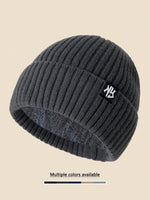 1 pièce Bonnet tricoté unicolore avec emblème NY, bonnet d'hiver doublé thermique pour hommes et femmes, tenue d'hiver, d'Halloween, d'automne - Vignette | URBAÏA 