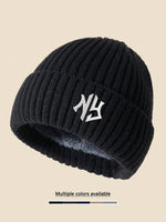 1 pièce Bonnet tricoté unicolore avec emblème NY, bonnet d'hiver doublé thermique pour hommes et femmes, tenue d'hiver, d'Halloween, d'automne - Vignette | URBAÏA 