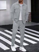 2 pièces Ensemble chemise polo à manches longues de couleur unie avec poche et pantalon pour hommes, tenue de loisirs légère pour les vacances, printemps/automne - Vignette | URBAÏA 