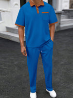 2 pièces Ensemble de sport pour homme, polo à manches courtes casual + pantalon long, tenue de sport à design patchwork mode - Vignette | URBAÏA 