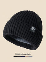 1 pièce Bonnet tricoté unicolore avec emblème NY, bonnet d'hiver doublé thermique pour hommes et femmes, tenue d'hiver, d'Halloween, d'automne - Vignette | URBAÏA 
