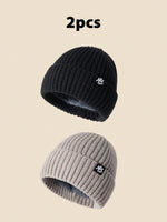 1 pièce Bonnet tricoté unicolore avec emblème NY, bonnet d'hiver doublé thermique pour hommes et femmes, tenue d'hiver, d'Halloween, d'automne - Vignette | URBAÏA 